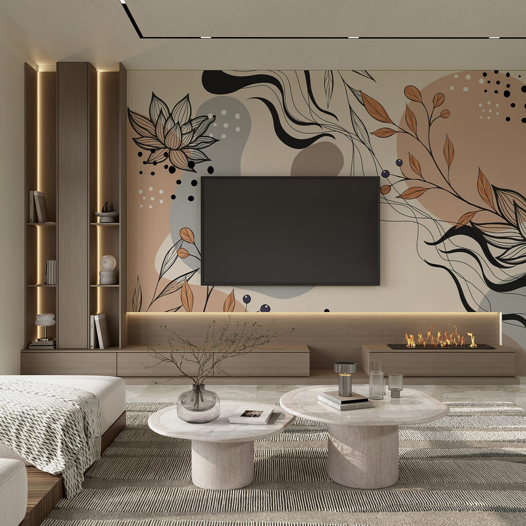 Lotus entre formes colorées dans un intérieur