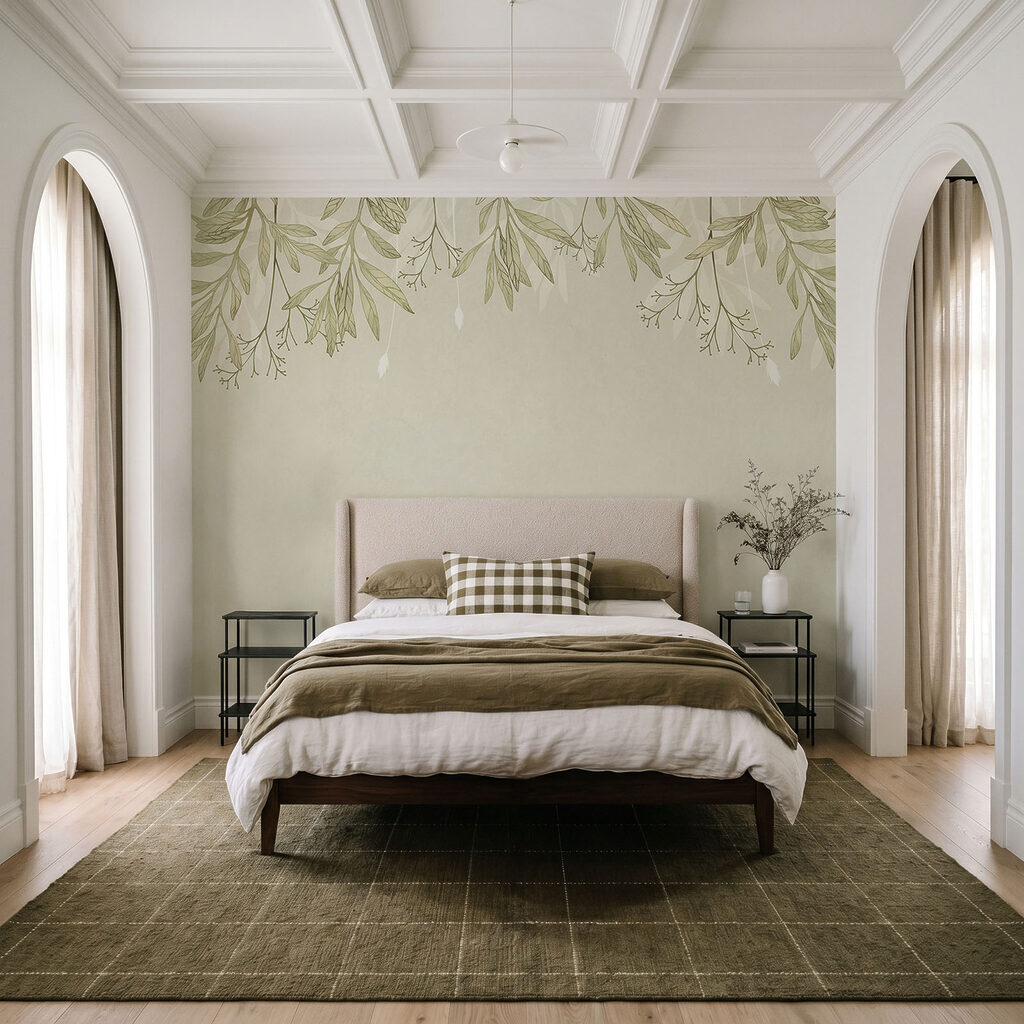Feuillage sur voile coloré dans un intérieur