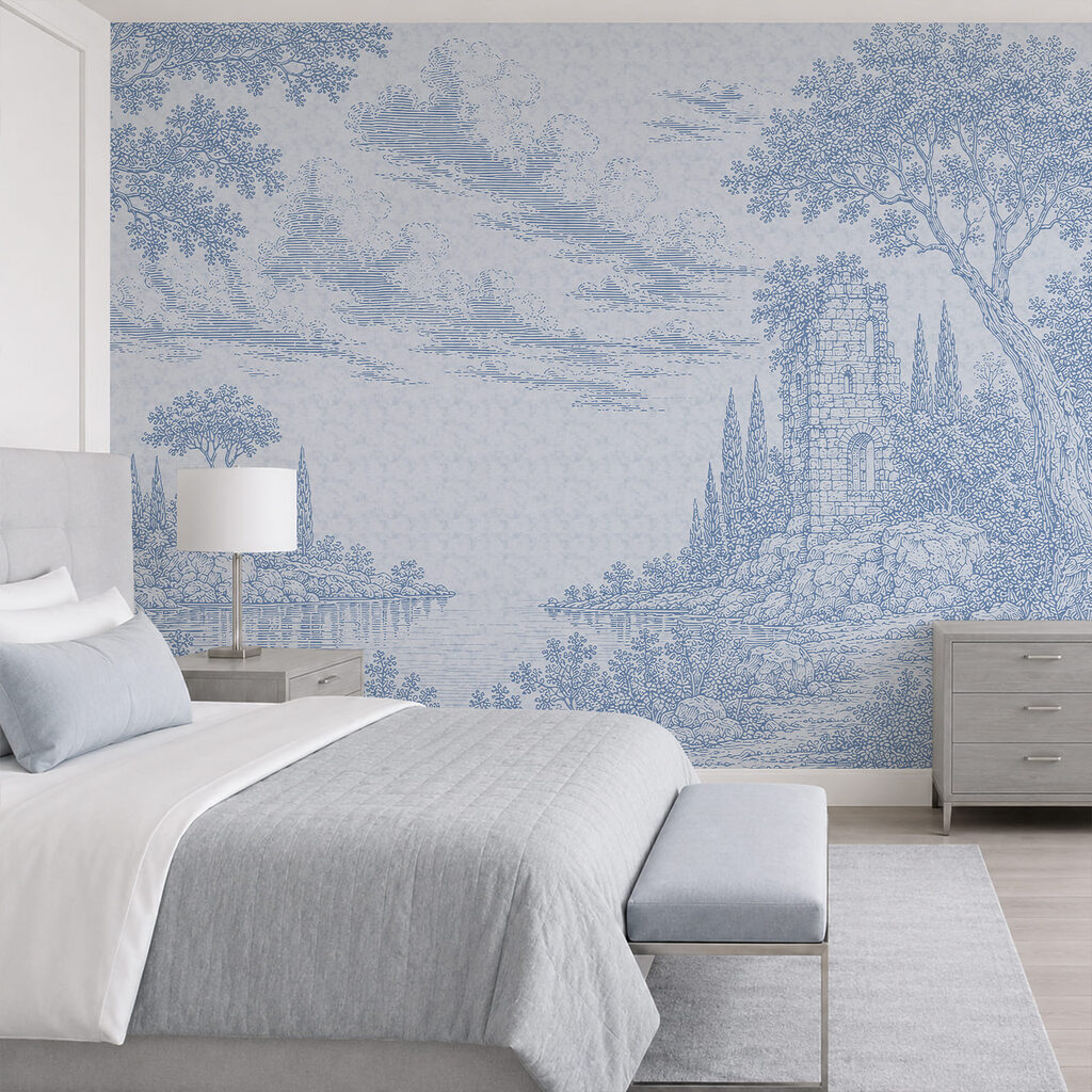 Paysage dessiné en bleu dans un intérieur