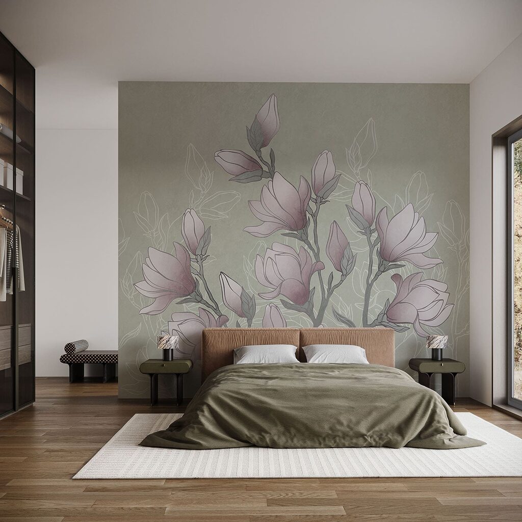Rameau fleuri dessiné dans un intérieur