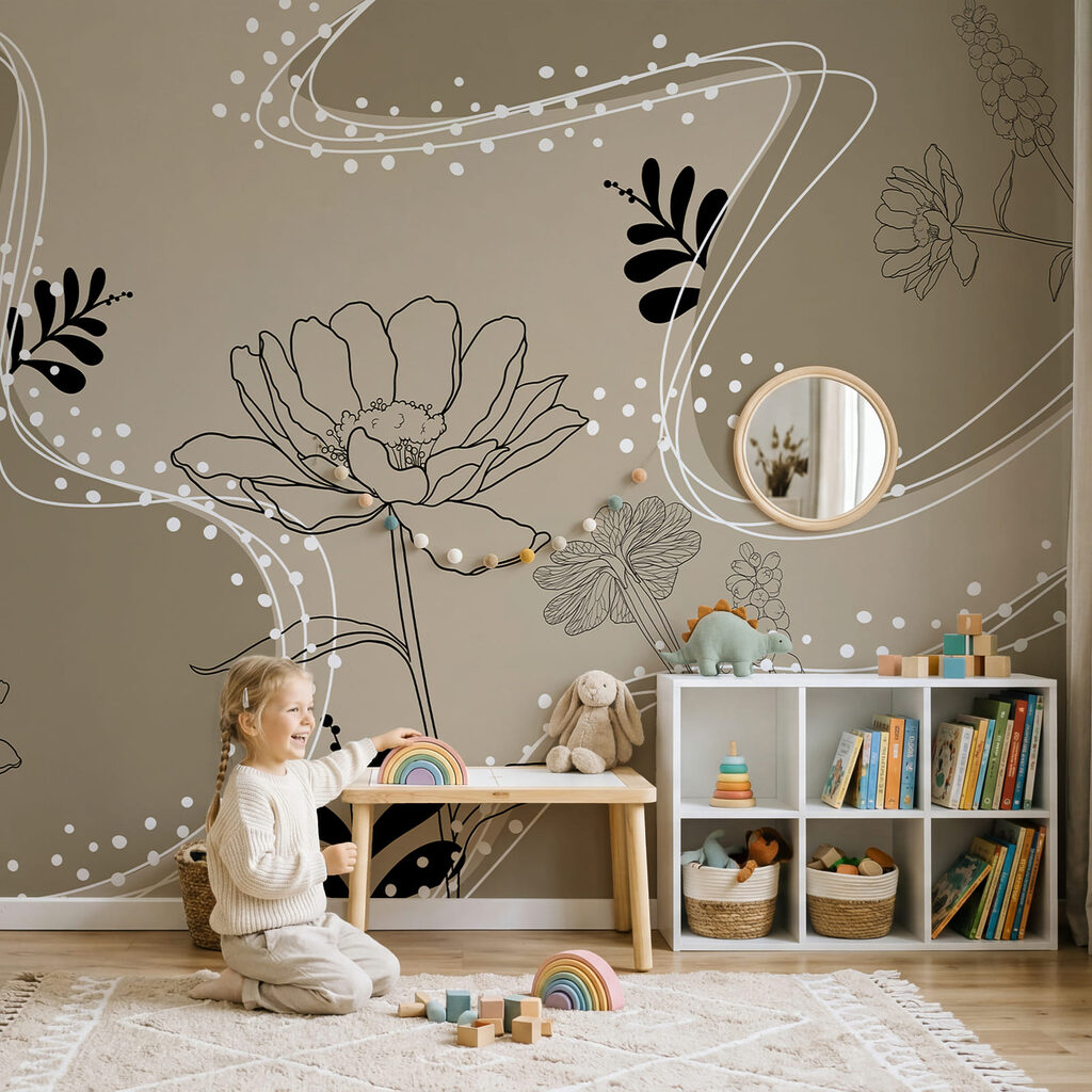 Fleurs entre volutes pointillées dans un intérieur