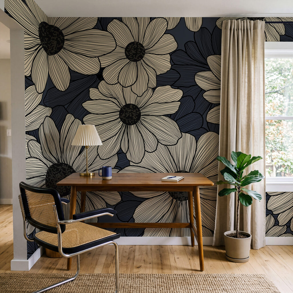Fleurs aux fines hachures dans un intérieur