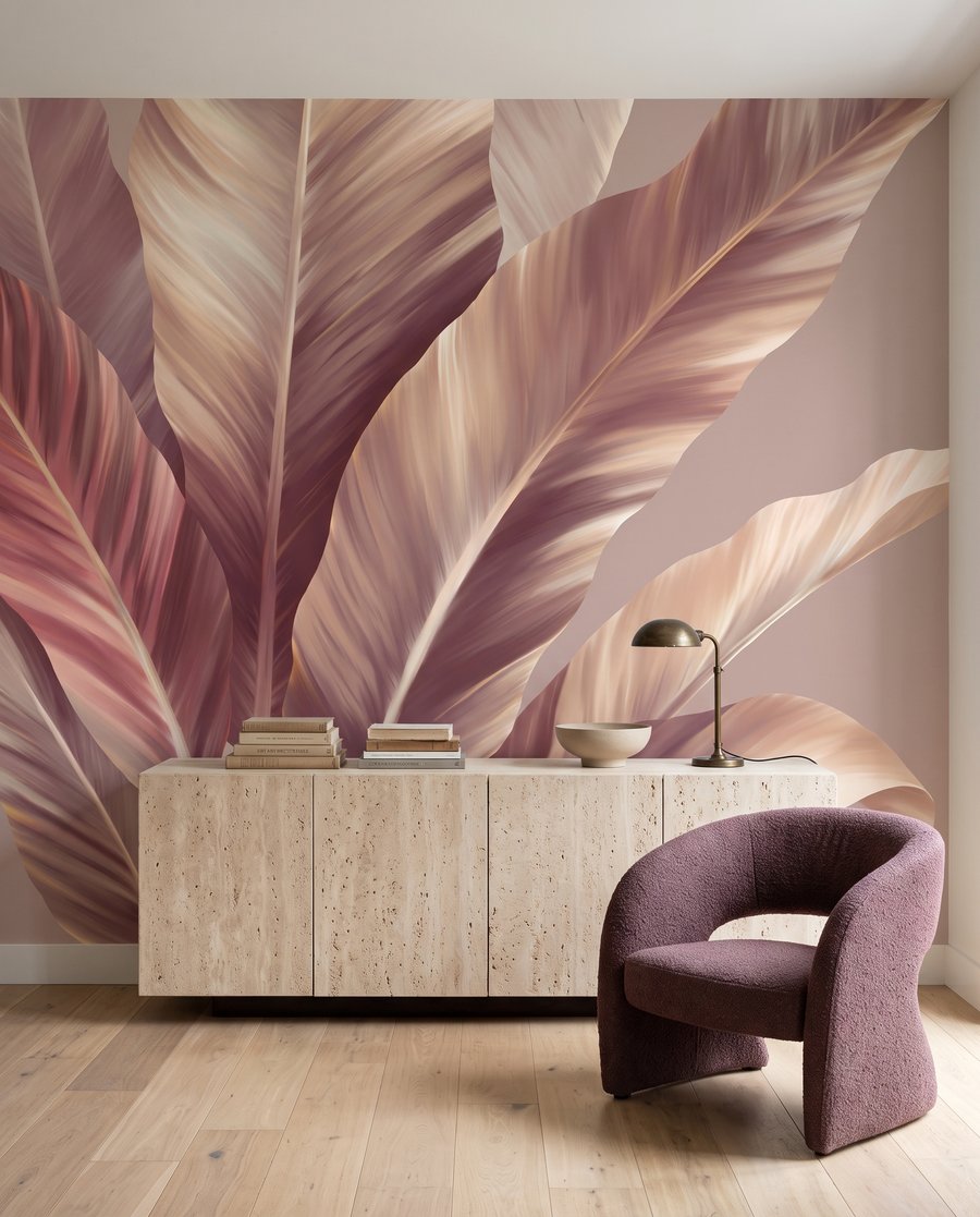 Larges feuilles en aplats dans un intérieur