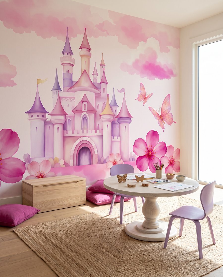 Château entre nuages fleuris dans un intérieur