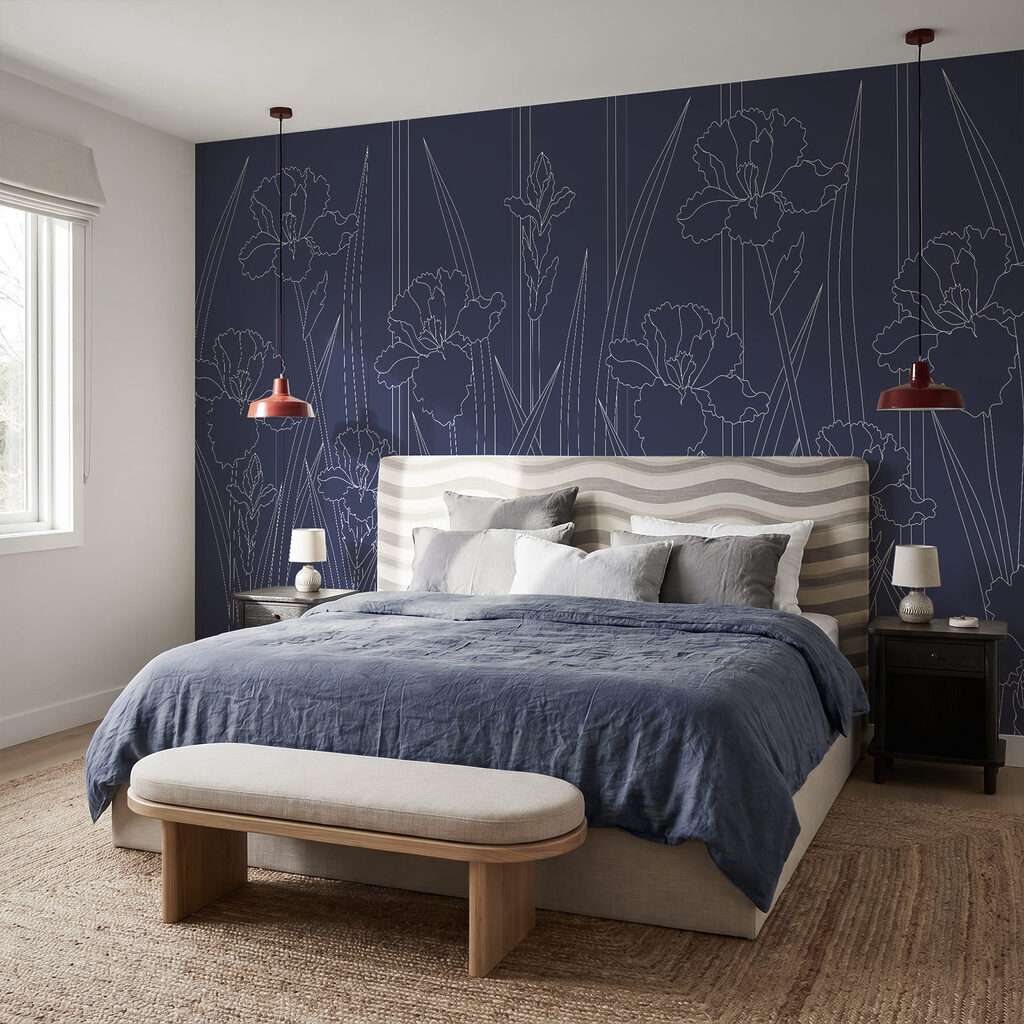 Fleurs et lignes géométriques dans un intérieur
