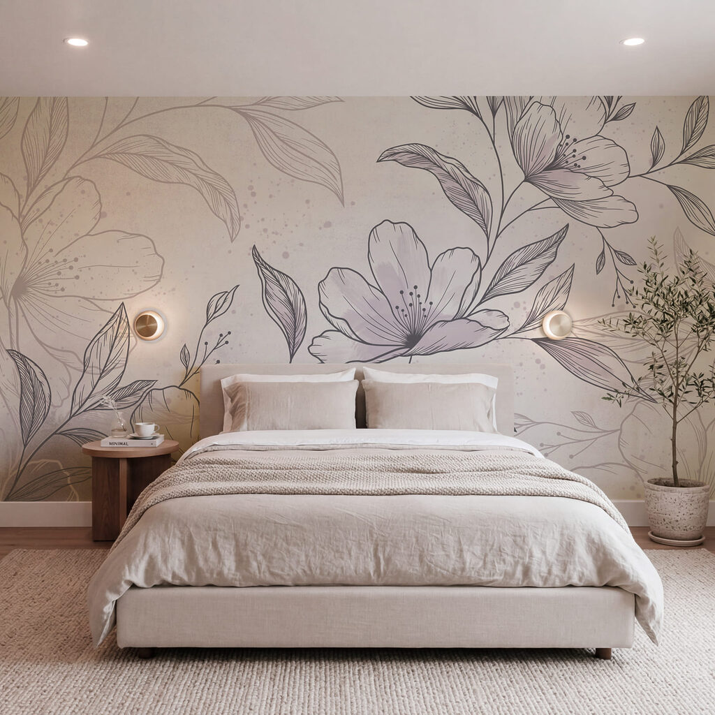 Branche fleurie en hachures dans un intérieur