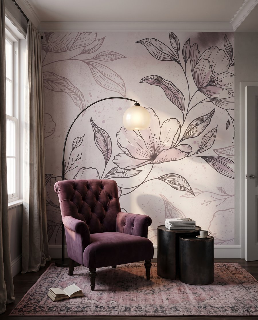 Branche fleurie en hachures dans un intérieur