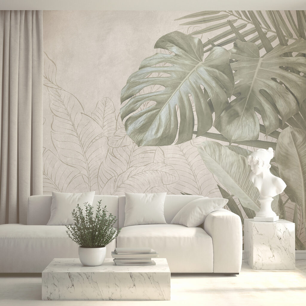 Feuilles tropicales en esquisse dans un intérieur