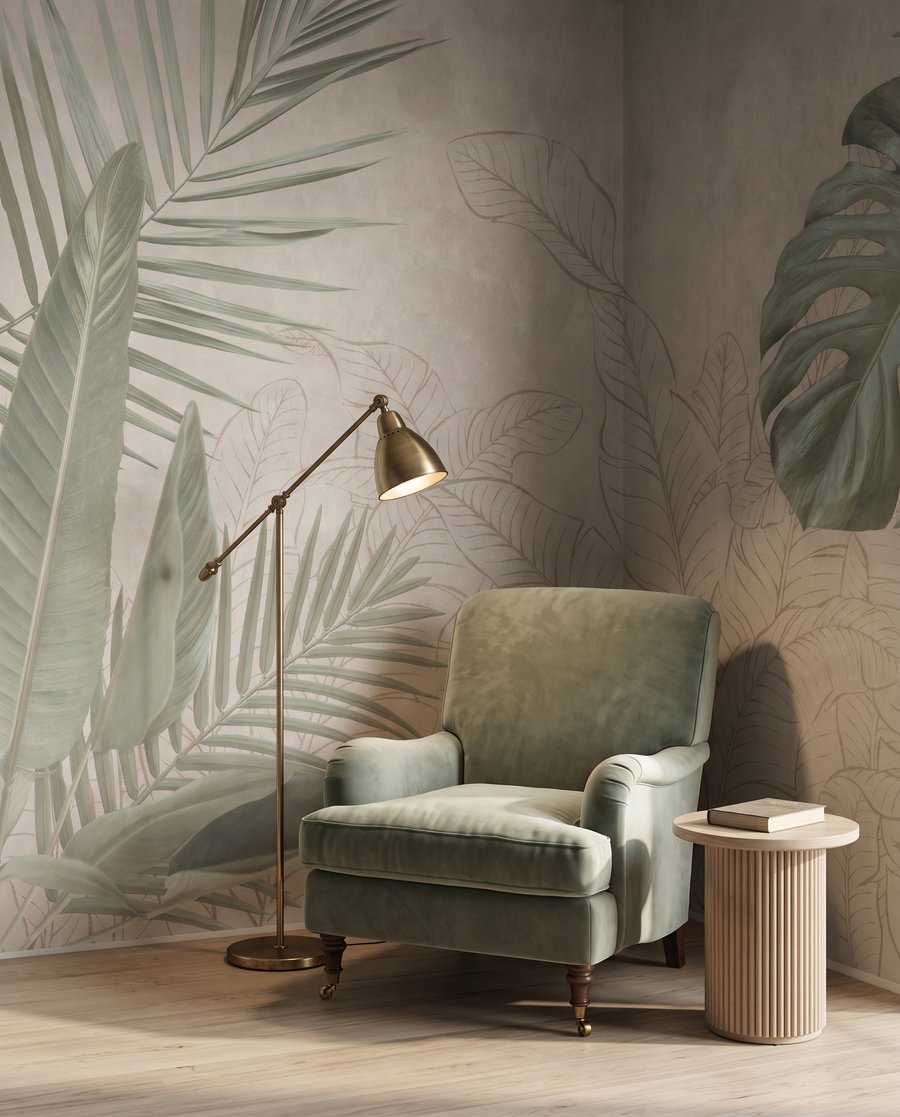 Feuilles tropicales en esquisse dans un intérieur
