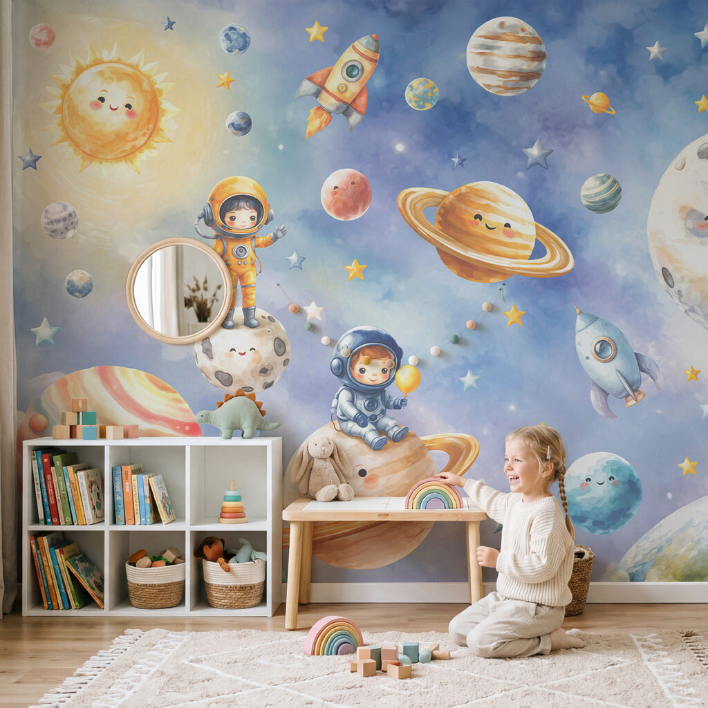 Petits astronautes en exploration dans un intérieur