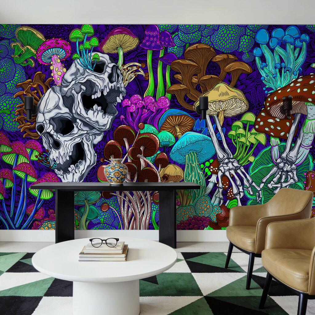 Crânes au jardin multicolore dans un intérieur