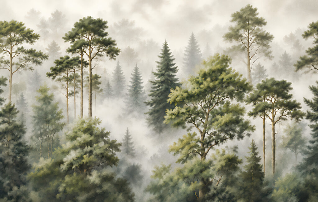 Forêt voilée de brume — motif complet