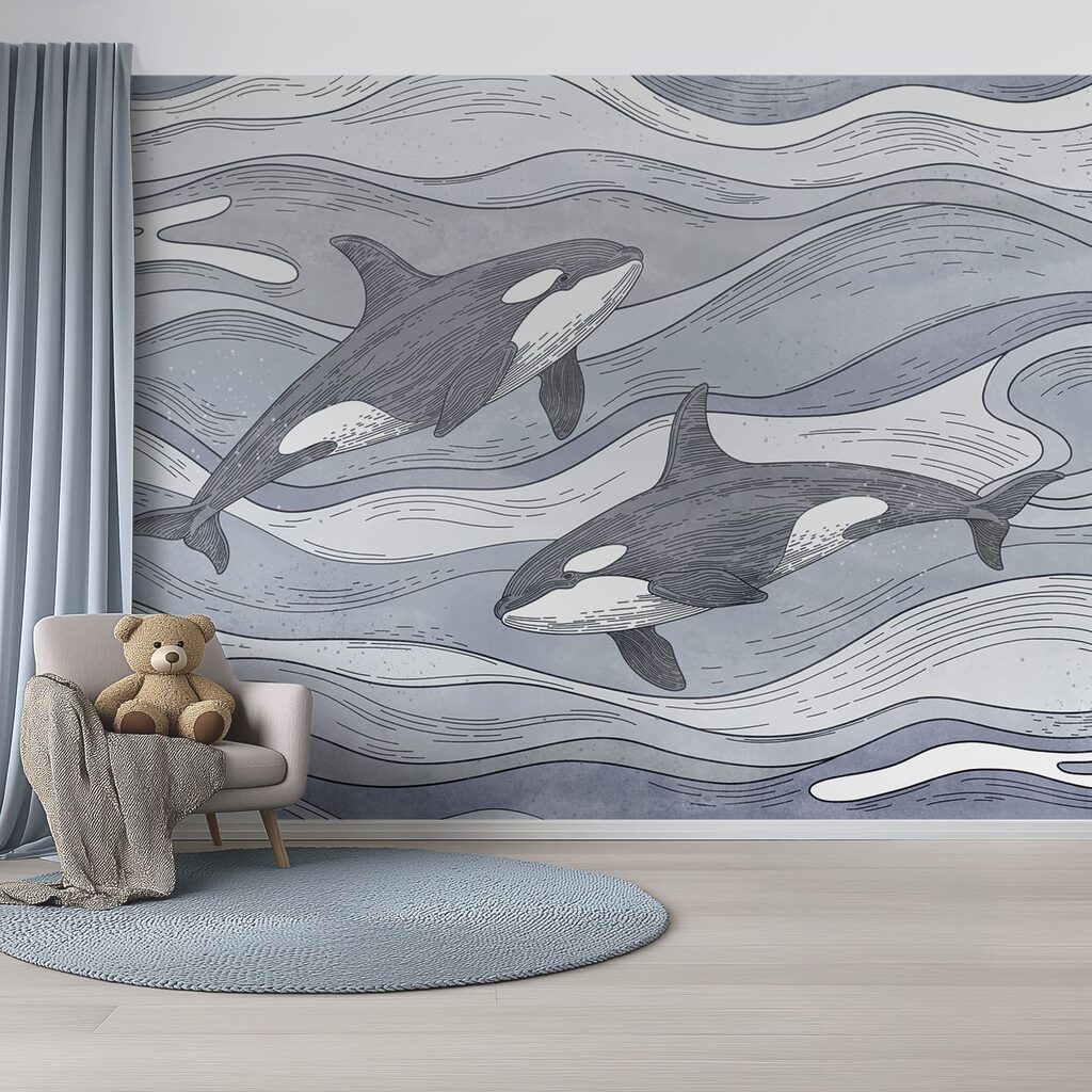 Orques et vagues dessinées dans un intérieur