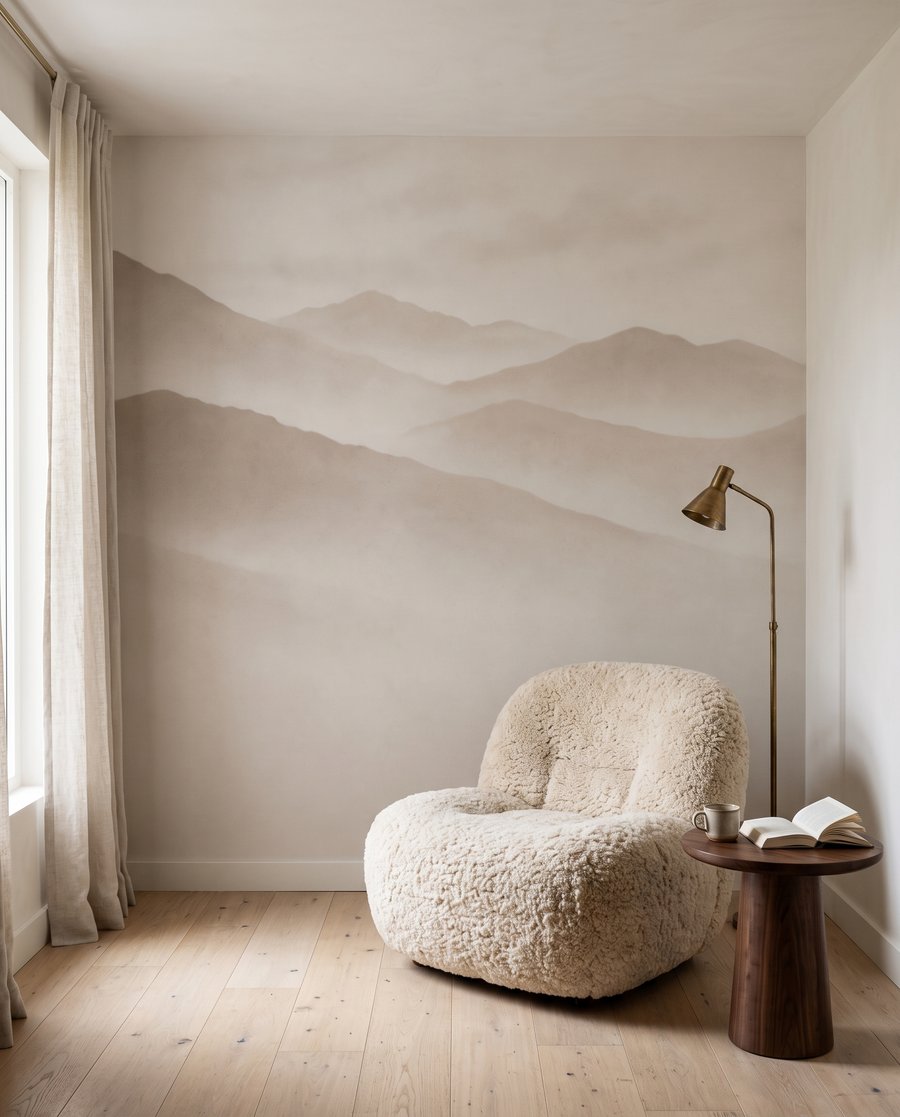 Crêtes lointaines, grands espaces dans un intérieur