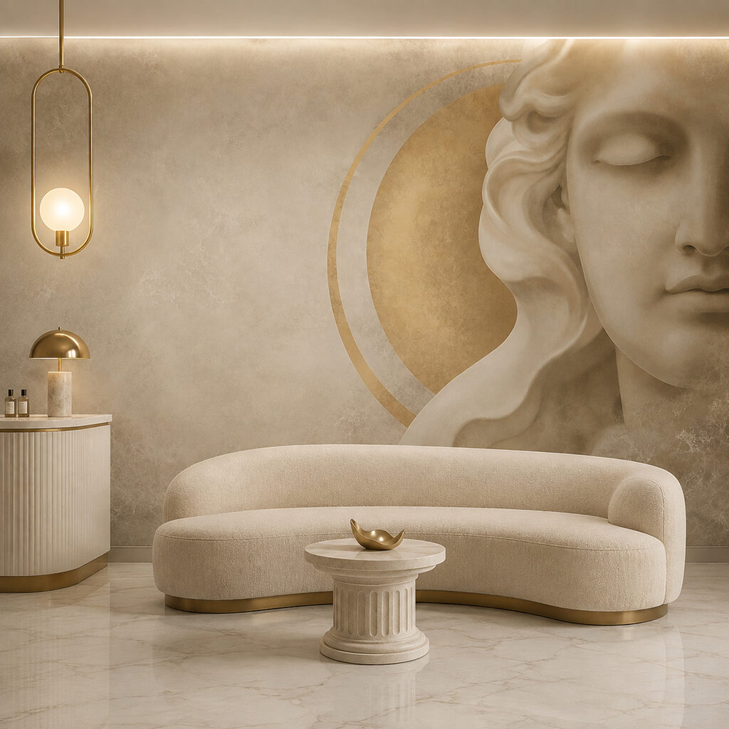 Visage classique, cercle doré dans un intérieur