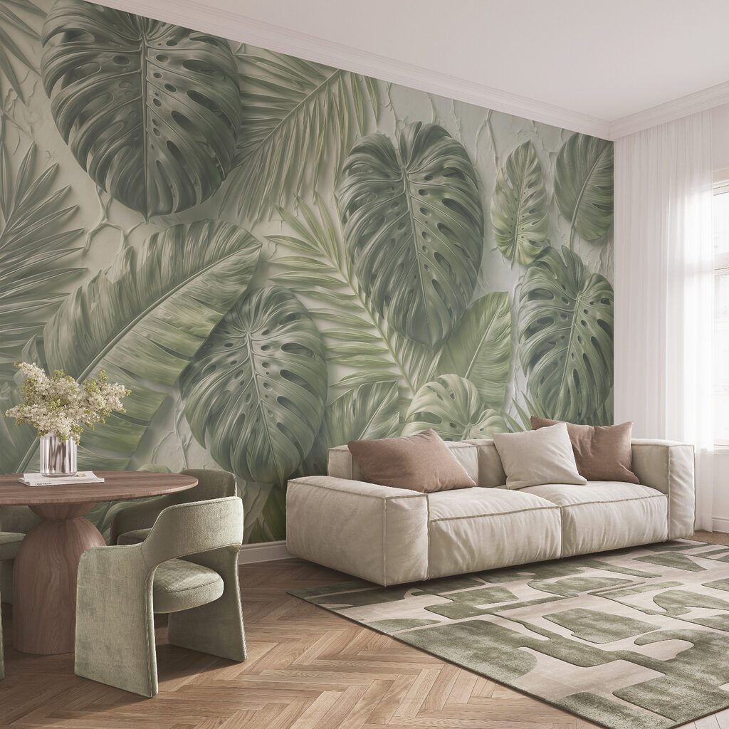 Grandes feuilles, ombres douces dans un intérieur