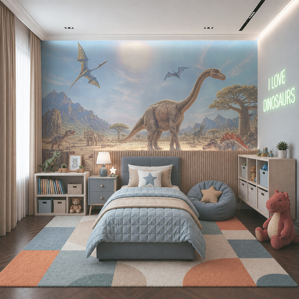Dinosaures au point d’eau dans un intérieur