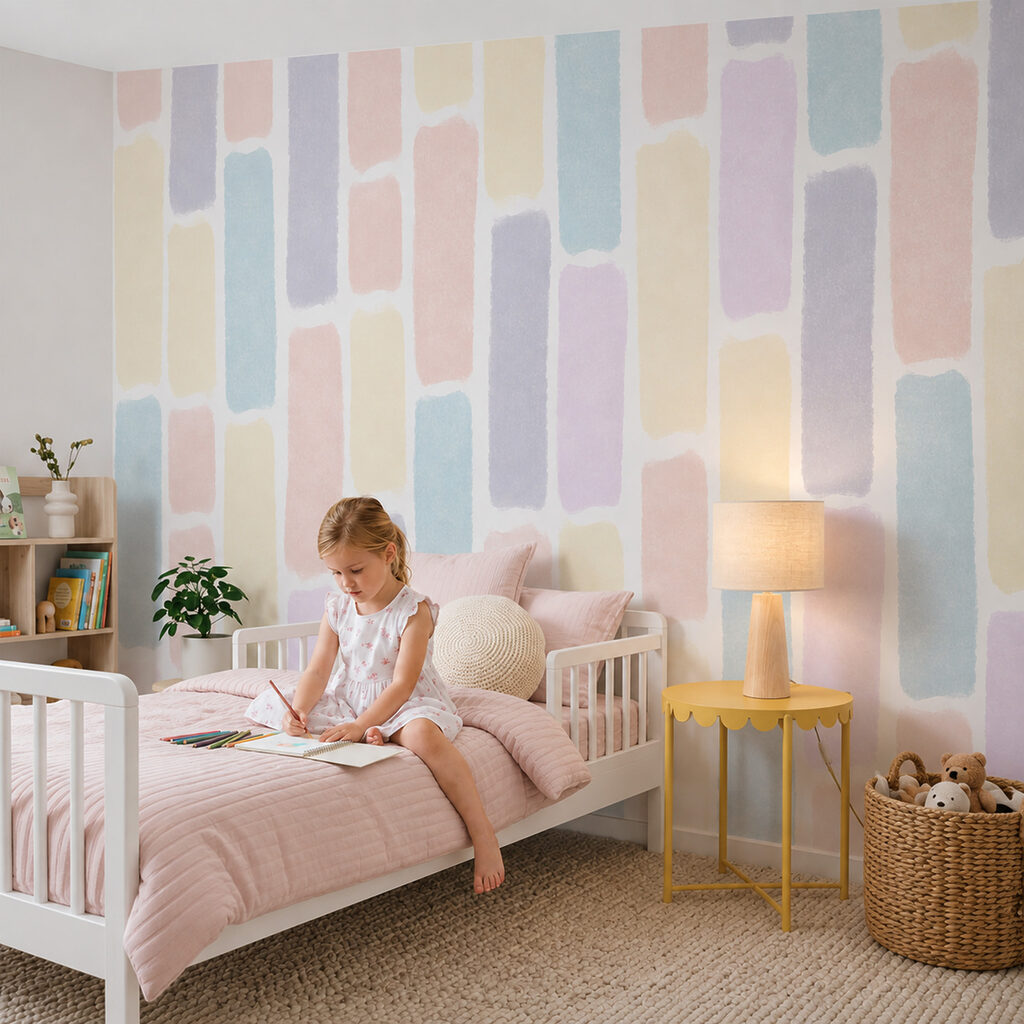 Petits blocs pastel alignés dans un intérieur