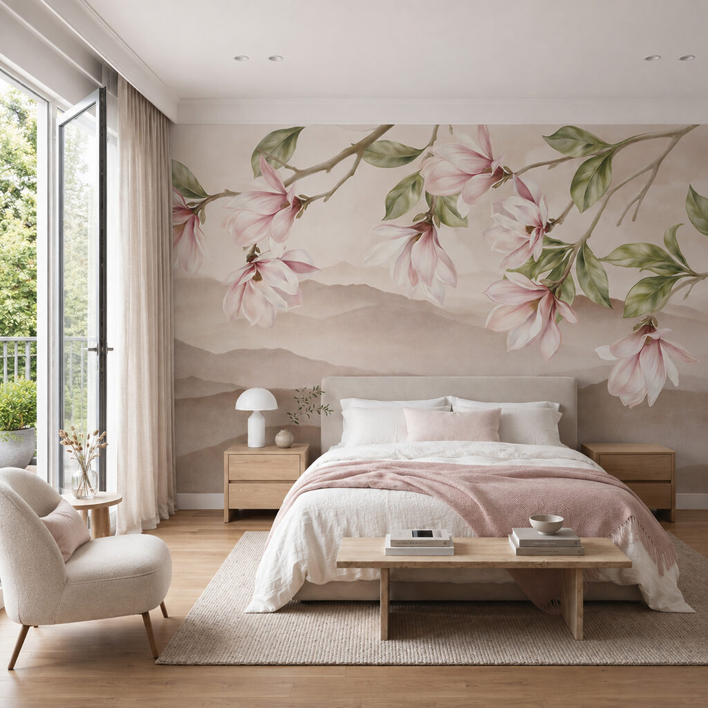 Floraison sur collines lointaines dans un intérieur