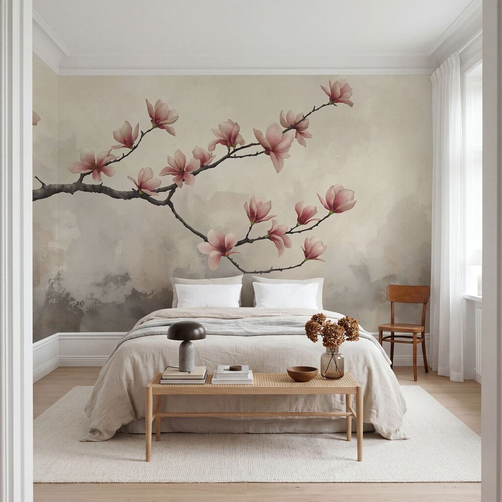 Rameau fleuri, brume peinte dans un intérieur