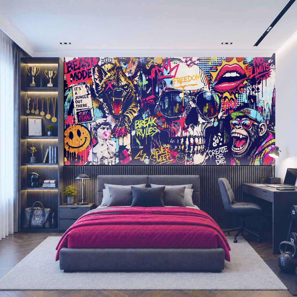 Crâne aux graffitis vifs dans un intérieur