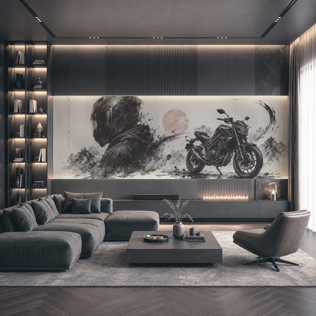 Moto et casque esquissés dans un intérieur