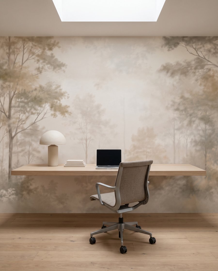 Lumière entre arbres pâles dans un intérieur