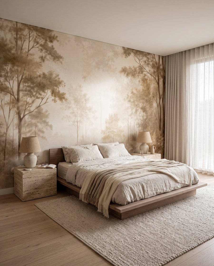 Lumière entre arbres pâles — intérieur 1
