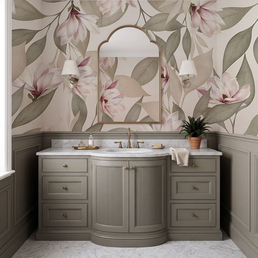 Fleurs roses, branches sinueuses dans un intérieur