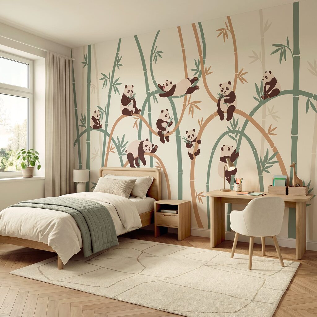 Pandas dans les bambous dans un intérieur