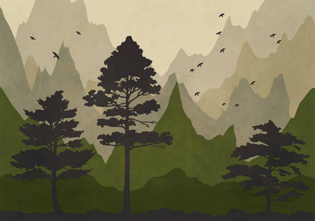 Pins et montagnes colorées — motif complet