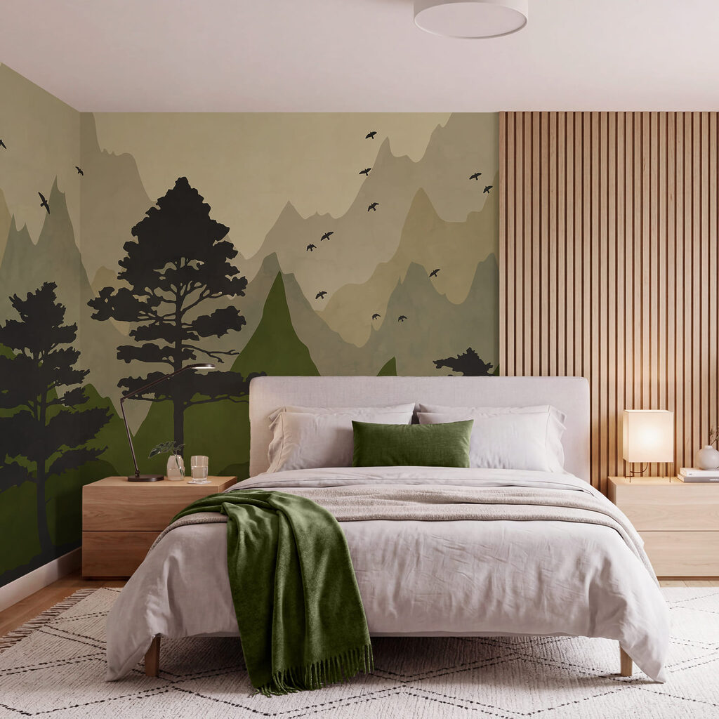 Pins et montagnes colorées — intérieur 1