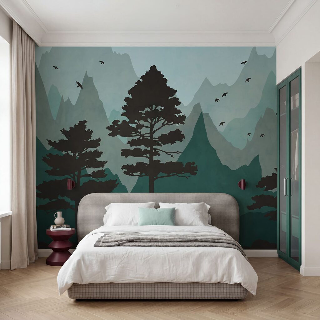 Pins et montagnes colorées — intérieur 1