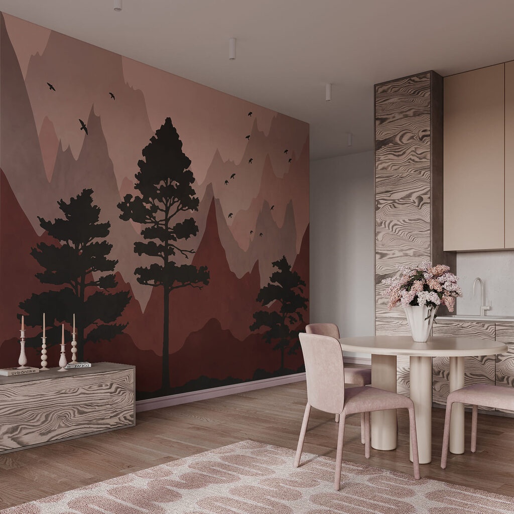 Pins et montagnes colorées — intérieur 1