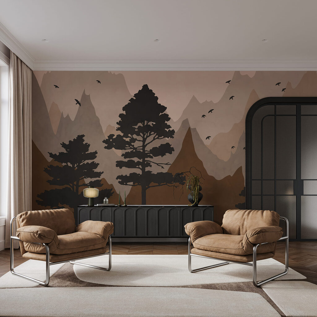 Pins et montagnes colorées — intérieur 1