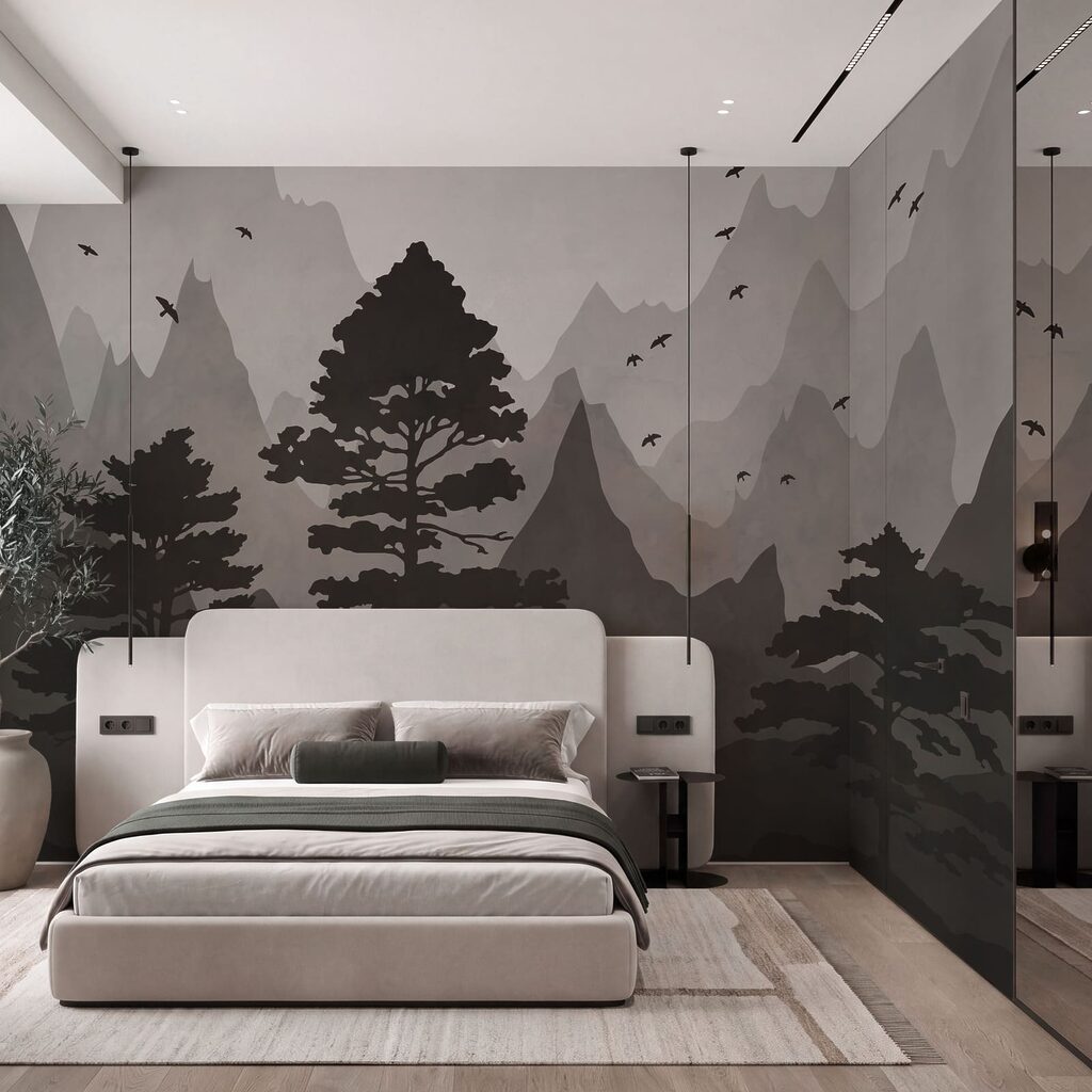 Pins et montagnes colorées — intérieur 1
