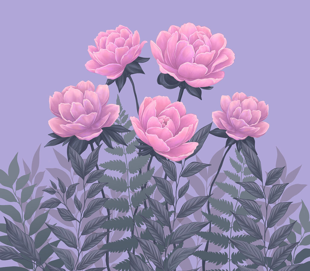 Fleurs roses sur lilas — motif complet