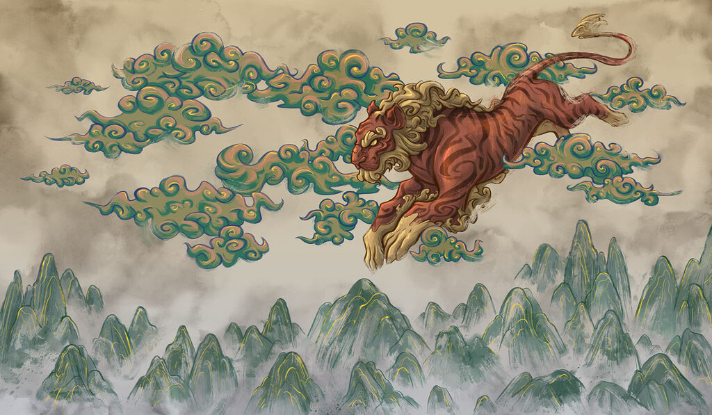 Tigre sur nuages peints — motif complet
