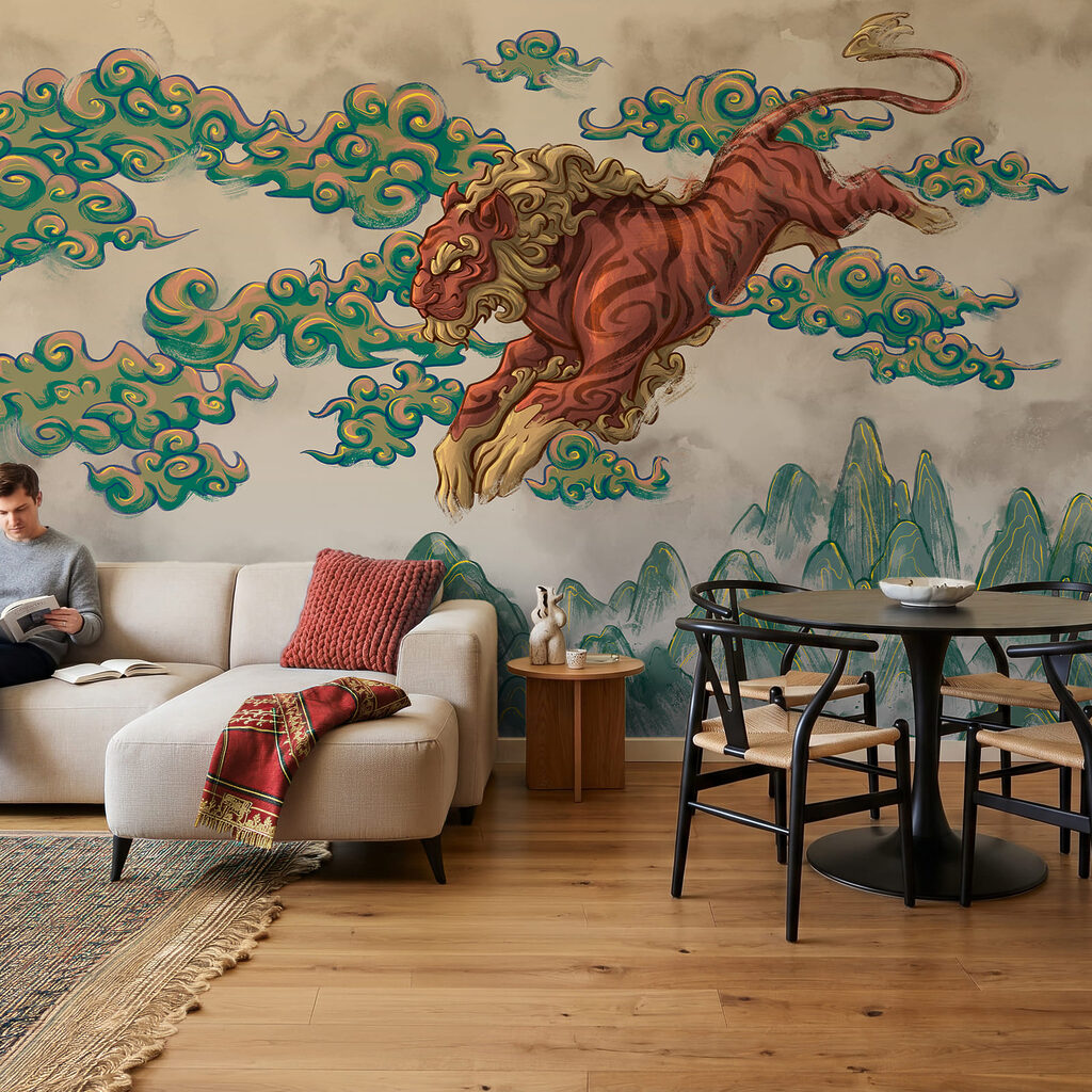 Tigre sur nuages peints dans un intérieur