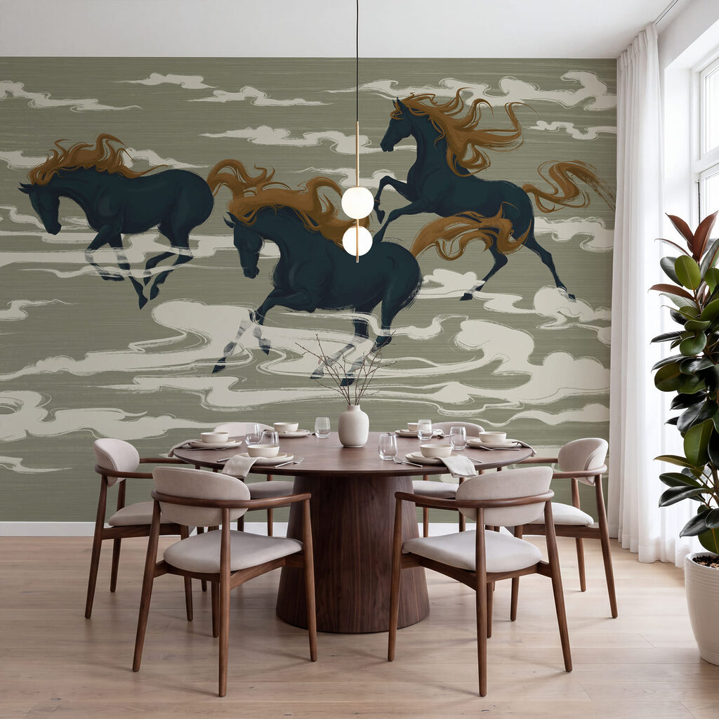Chevaux parmi les nuages dans un intérieur