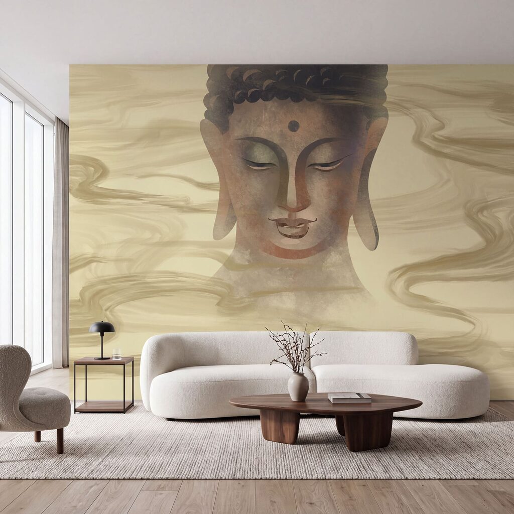 Bouddha et flots dorés dans un intérieur