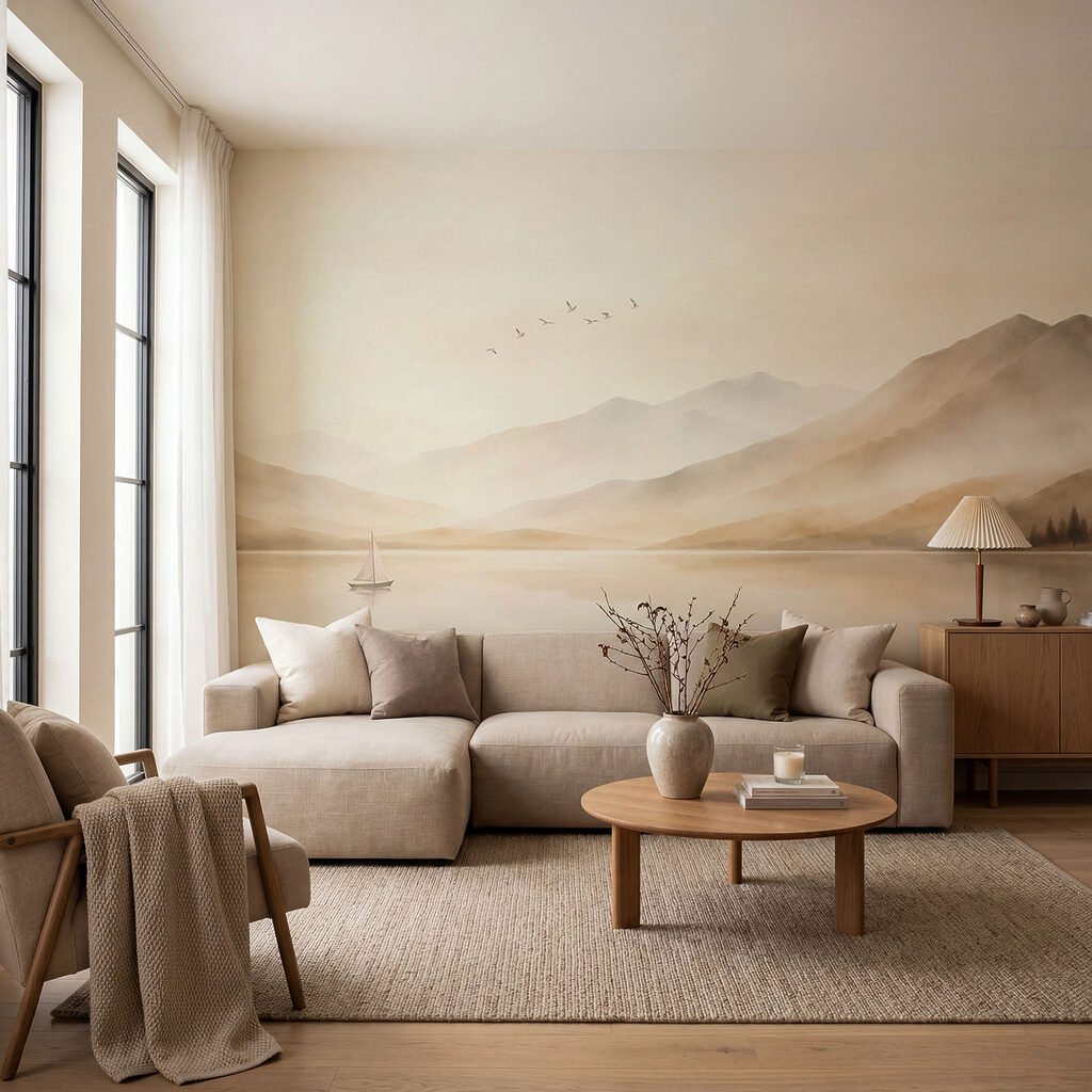 Voilier et montagnes reflétées dans un intérieur