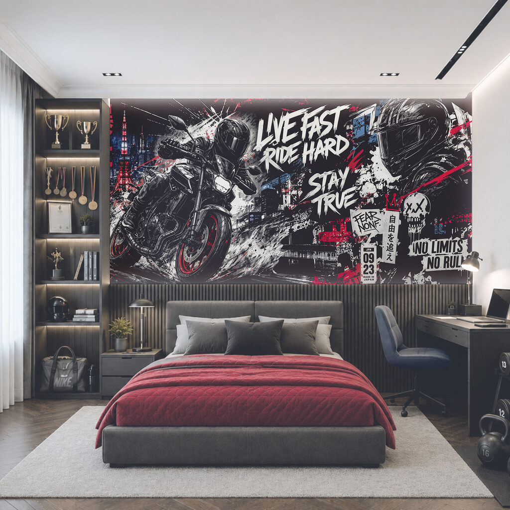 Moto en graffitis dans un intérieur