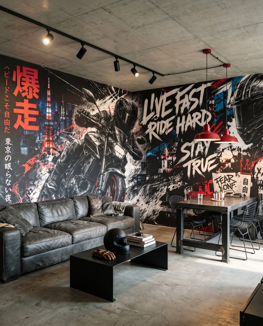 Moto en graffitis dans un intérieur