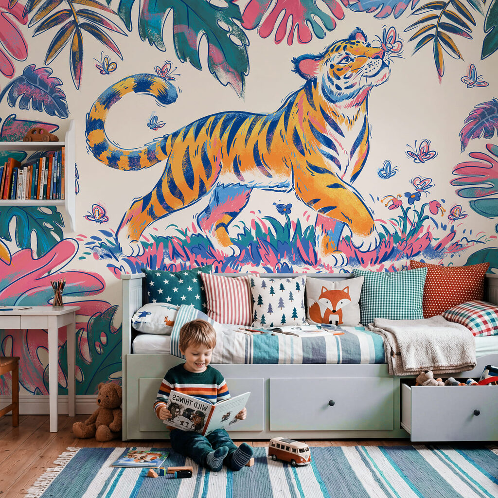 Tigre aux feuilles bigarrées dans un intérieur
