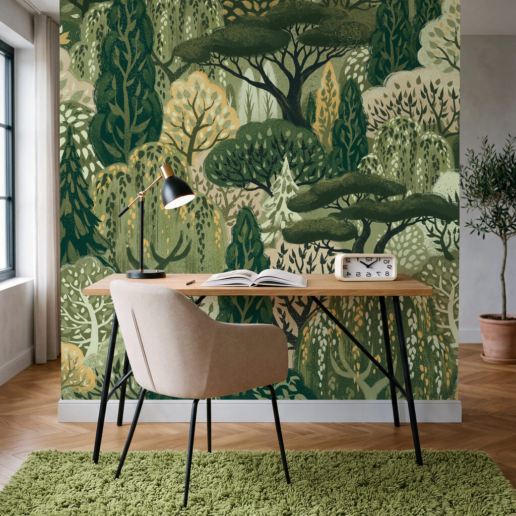 Cerfs parmi les arbres dans un intérieur