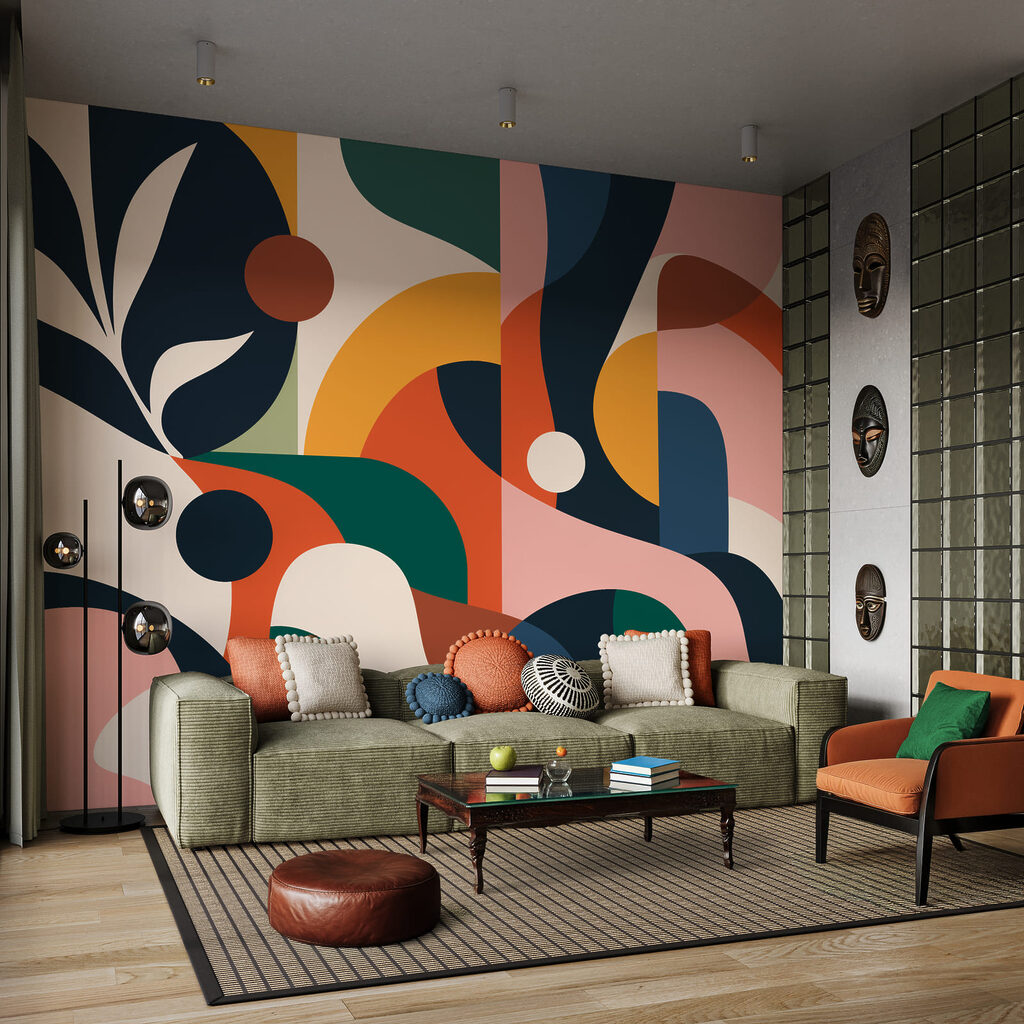 Bandes colorées et rameaux dans un intérieur