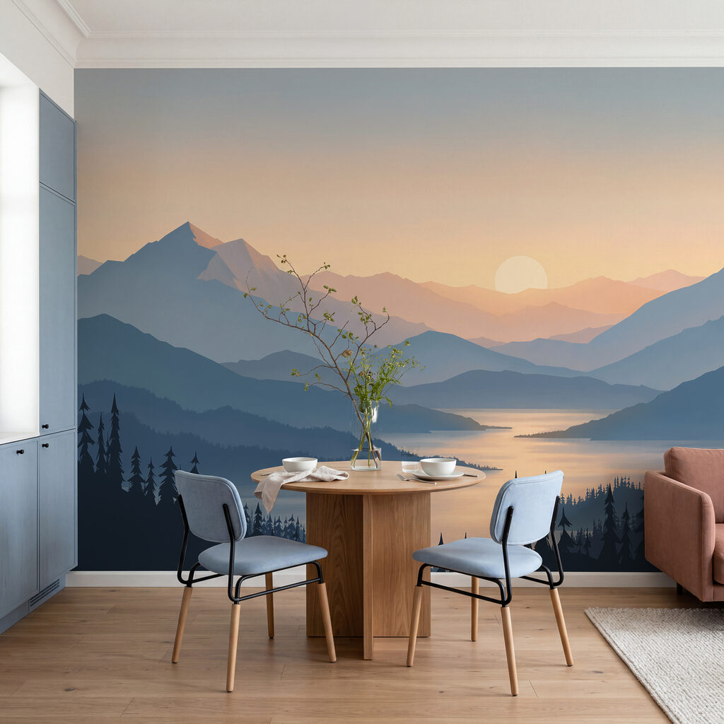 Lac au soleil couchant dans un intérieur
