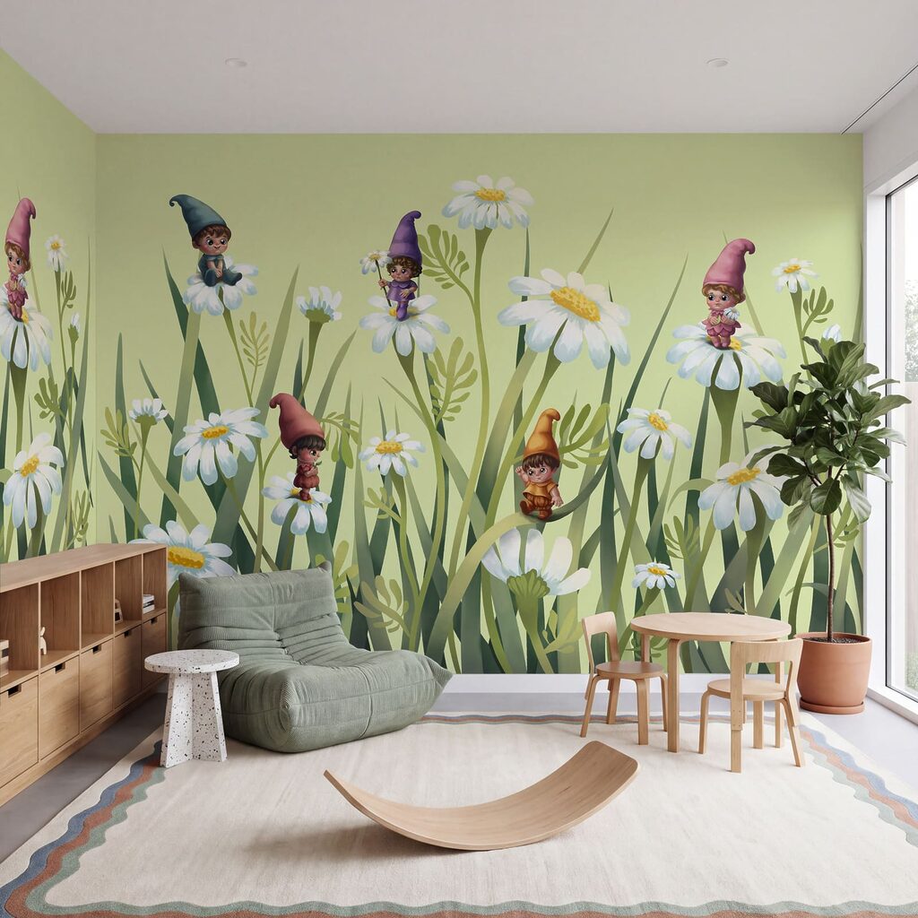 Lutins parmi les fleurs dans un intérieur