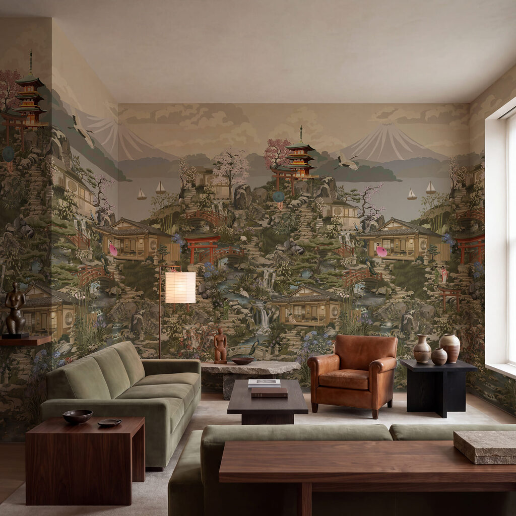 Pagodes et paysage foisonnant dans un intérieur